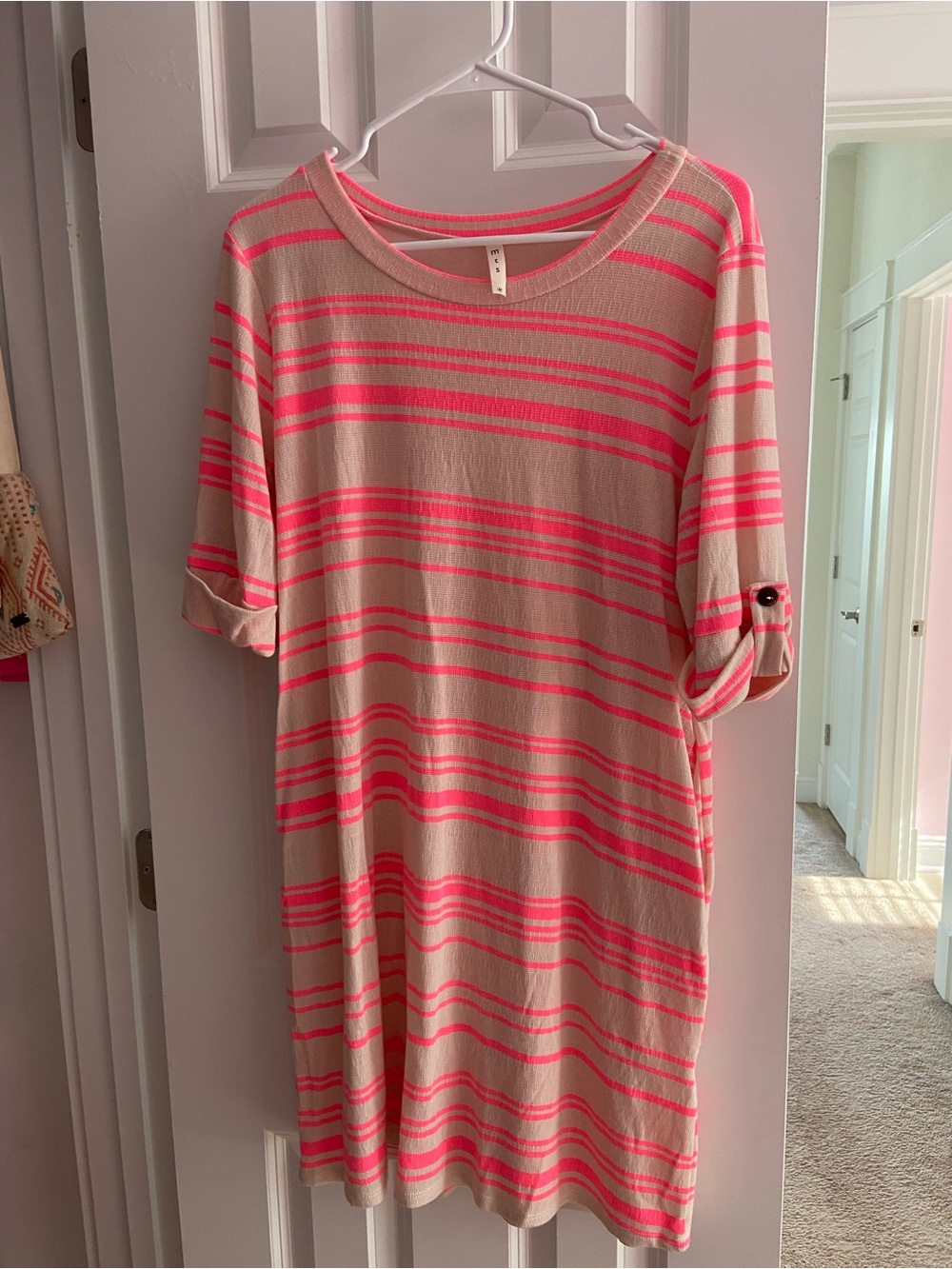 Beige and Neon Pink Striped Shift Dress